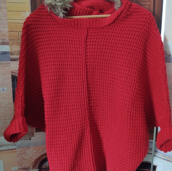 Waffle-Knit ♥️ Red Hoodie-Sweater + Faux-Fur Trim~ 1 Size Fit - Picture 5 of 8